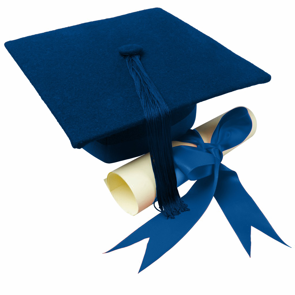 A dark blue graduation cap with tassel resting beside a rolled diploma tied with a blue ribbon, on a plain white background